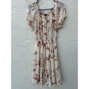 Kate and Lily Petite Cream Floral Tiered Midi Dress Smocked Waist Size 10P